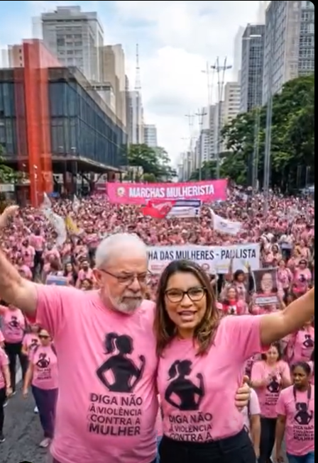 Lula e Janja na manifestação contra a violência das mulheres, comenta aí, diga não à violência.